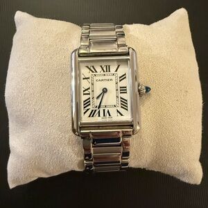 Tank Style Silver Timepiece with Roman Dial